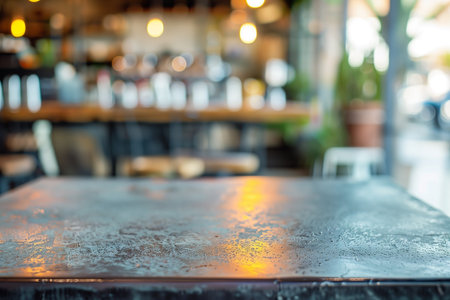 Close up shot of a damp table top with condensation, set in an indoor caf? scene. A blurred background with bokeh lights, creating an inviting warm atmosphere and room for copy.の素材