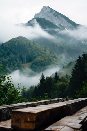 A serene mountain vista features a rugged peak partially veiled in low-hanging clouds. A dense green forest rises beneath the mountain, with a wooden platform in the foreground. The sky is overcast.の素材