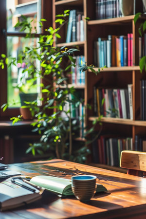 Indoor scene featuring a wooden desk adorned with books, a cup, and stationery, set against a backdrop of a lush green plant, and a bookshelf in a brightly lit, inviting room.の素材