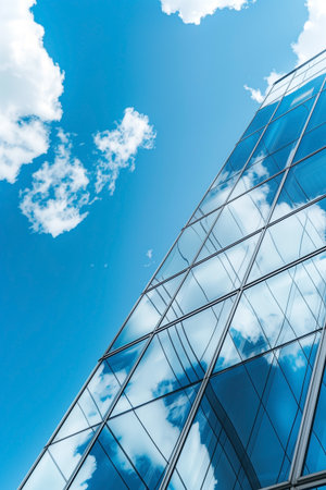 Captured from a low angle, a modern buildings glass facade showcases a stunning reflection of clouds against a vibrant blue sky, blending architecture with natural beauty.の素材
