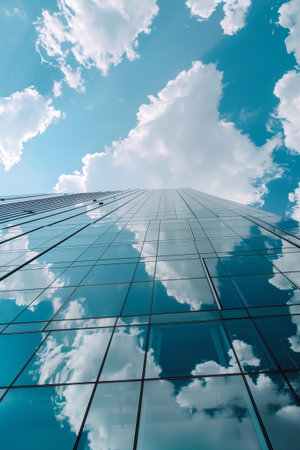 A contemporary skyscraper is depicted from a low angle, emphasizing its towering height as it meets a bright blue sky dotted with fluffy white clouds, reflecting off the glassy facade.の素材