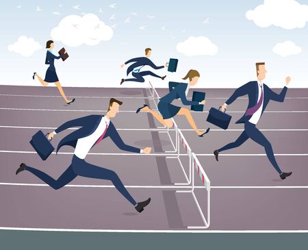 Cartoon character, Businessman and businesswoman jumping over hurdles.のイラスト素材