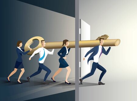 Concept of team work. Businessman and businesswoman open the door with a key.のイラスト素材