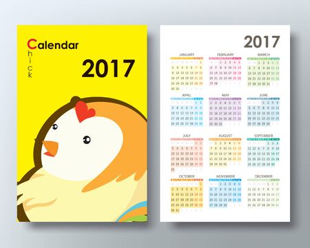 Calendar Planner Template. 2017. Week Starts Monday. Chick, rooster character cute illustration vector design.のイラスト素材