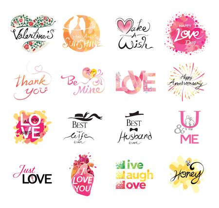 Set of love icon. hand drawn quotes in vector. Greeting cards, tag, labels and badges for valentine's day. Gift products and appreciation. You and Me, Be mind, All you need is love, Best wife ever, live laugh love, thank you, etc.のイラスト素材