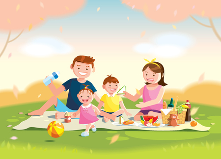 Family enjoying picnic. They are sitting on the grass in a park, the basket with meal and toys for the kids. Blurred background.のイラスト素材