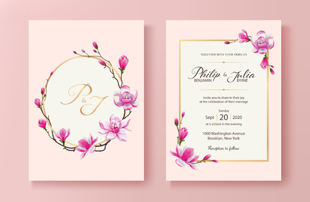 Beautiful pink floral wedding invitation card. Vector. Magnolia flower. Standard paper size 5x7 inch.のイラスト素材