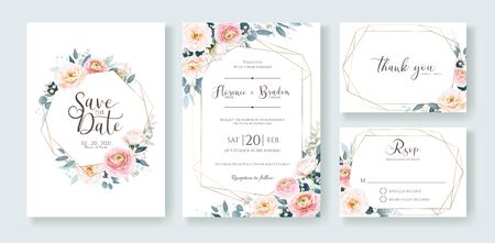 Wedding Invitation, save the date, thank you, rsvp card Design template. Vector. Ranunculus and white rose with greeneryのイラスト素材