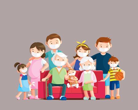 Coronavirus disease protection, Big family wear face masks for preventing COVID-19. Vector illustration in a flat style.のイラスト素材
