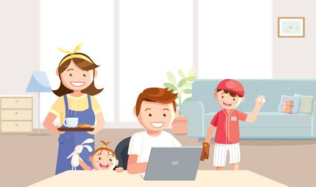 Mother takes care of father who tries to work at home. The son and daughter want to play with their father, being home between the Coronavirus (Covid-19) protection. Vector in a flat style.のイラスト素材