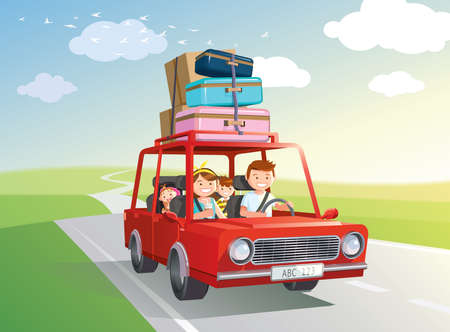 Family road trip. travel by car with kids. Vector, illustration.のイラスト素材