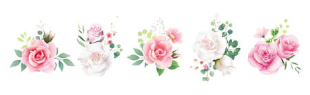 Floral romanric bouquets for wedding invite or greeting card. White pink peach Rose and flower, Greenery leaves for wedding invite or greeting card. element set.のイラスト素材