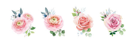 Floral romantic bouquets for wedding invite or greeting card. Pink peach Roses flower with Greenery leaves for wedding invite or greeting card. element set. vectorのイラスト素材