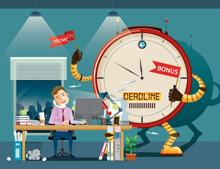 Businessman hard working with phone in hand has a lot of document work in office. Giant clock robot standing on background, motivate him to work. vectorのイラスト素材