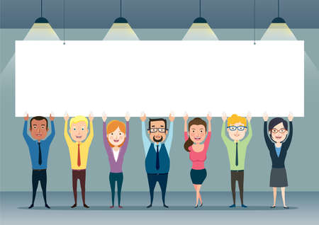 Happy smiling business team holding a blank billboard, banner. Different nationalities and dress styles. Vector illustration in a flat style.のイラスト素材