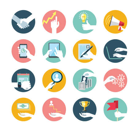 Flat vector collection of hand using devices icon, for human resources, recruitment process.のイラスト素材