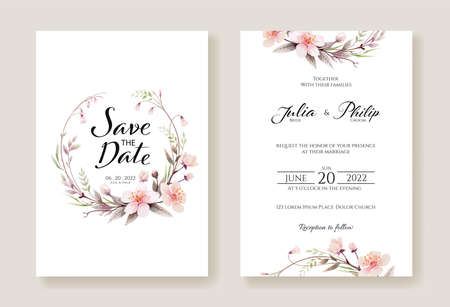 Cherry blossom flowers wedding Invitation, save the date card template. Watercolour style.のイラスト素材