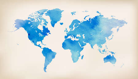 Blue world map on vintage paper background. watercolor styleのイラスト素材