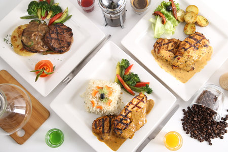 Plate with delicious food on table, closeup. Diet conceptの写真素材