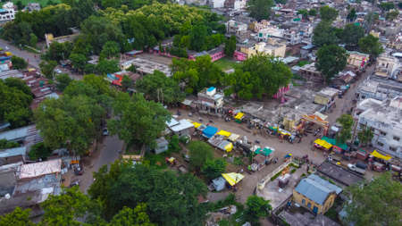 Aerial view of Indian agricultural fields and villageの写真素材