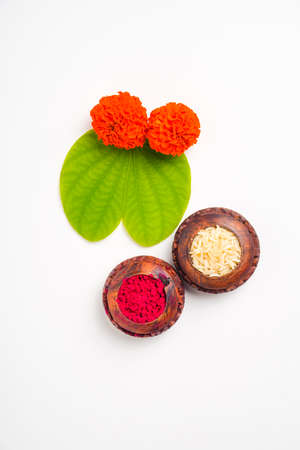 Happy Dussehra greeting card , green apta leaf and rice, Indian festival dussehra