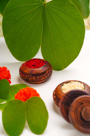 Happy Dussehra greeting card , green apta leaf and rice, Indian festival dussehra