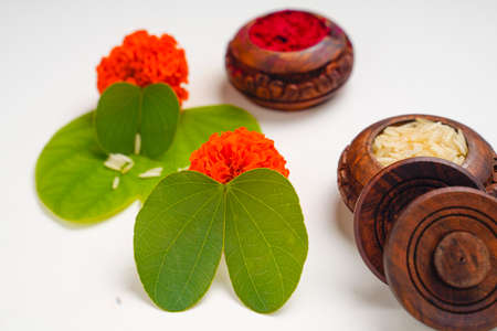 Happy Dussehra greeting card , green apta leaf and rice, Indian festival dussehra