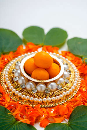 ,Indian festival dussehra , green leaf with rice and sweets