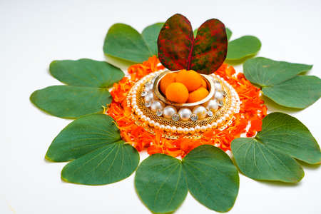 Happy Dussehra greeting card , green apta leaf and rice, Indian festival dussehra