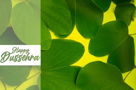 Happy Dussehra greeting card , green apta leaf and rice, Indian festival dussehra