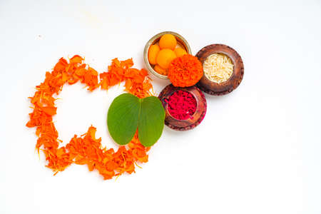 Happy Dussehra greeting card , green apta leaf and rice, Indian festival dussehra