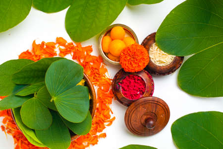 Happy Dussehra greeting card , green apta leaf and rice, Indian festival dussehraの写真素材
