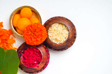 Kumkum and rice Natural color powders are used while worshipping God and an at auspicious occasions.の写真素材
