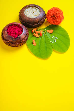 Happy Dussehra greeting card , green apta leaf and rice, Indian festival dussehraの写真素材
