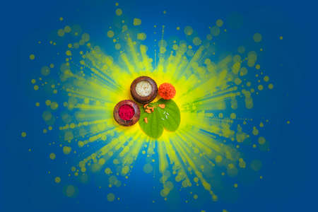 Happy Dussehra greeting card , green leaf and Rice,Indian festival Dussehra