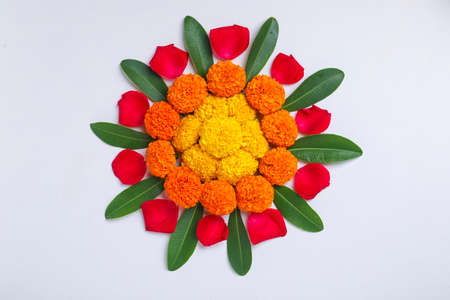 Marigold Flower rangoli Design for Diwali Festival , Indian Festival flower decorationの写真素材