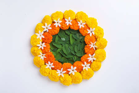 Marigold Flower rangoli Design for Diwali Festival , Indian Festival flower decorationの写真素材