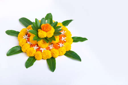 Marigold Flower rangoli Design for Diwali Festival , Indian Festival flower decorationの写真素材
