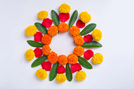 Marigold Flower rangoli Design for Diwali Festival , Indian Festival flower decorationの写真素材