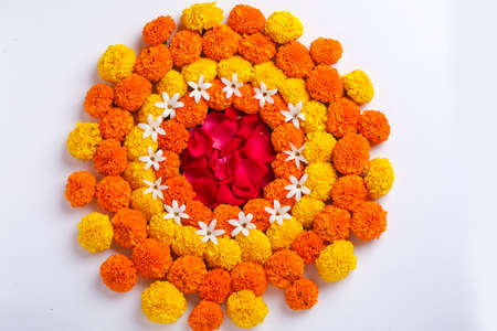 Marigold Flower rangoli Design for Diwali Festival , Indian Festival flower decorationの写真素材