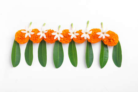 Flower Rangoli for Diwali Festival made using Marigold and leaf and Oil Lamp over white background,の写真素材