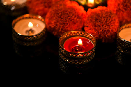 Indian Festival Diwali , oil lamp and flower design on dark backgroundの写真素材