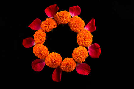 Marigold Flower rangoli Design for Diwali Festival , Indian Festival flower decorationの写真素材