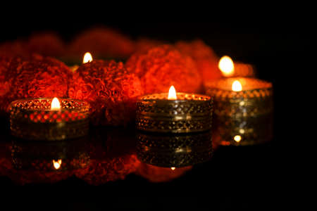 Indian Festival Diwali , oil lamp and flower design on dark backgroundの写真素材