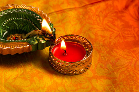 Indian Festival Diwali , oil lamp on dark backgroundの写真素材