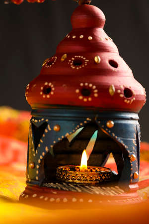 Indian Festival Diwali , oil lamp on dark backgroundの写真素材