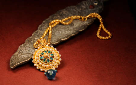 Pearl pendant with gold chain, Indian Traditional Jewelleryの写真素材