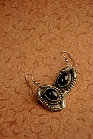 silver earrings with black stone, Indian silver earringsの写真素材