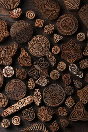 .Mixed traditional Indian wood block pattern for textile printing on rustic wood background. Block Printing,Rajasthan India Block Printing, Wood block used for handmade textile printing,Hand craftの写真素材