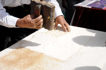 Block Printing On Fabric - Rajasthan, India.Block Printing Traditional Process,Jaipur - center of Traditional Handicrafts of India.の写真素材